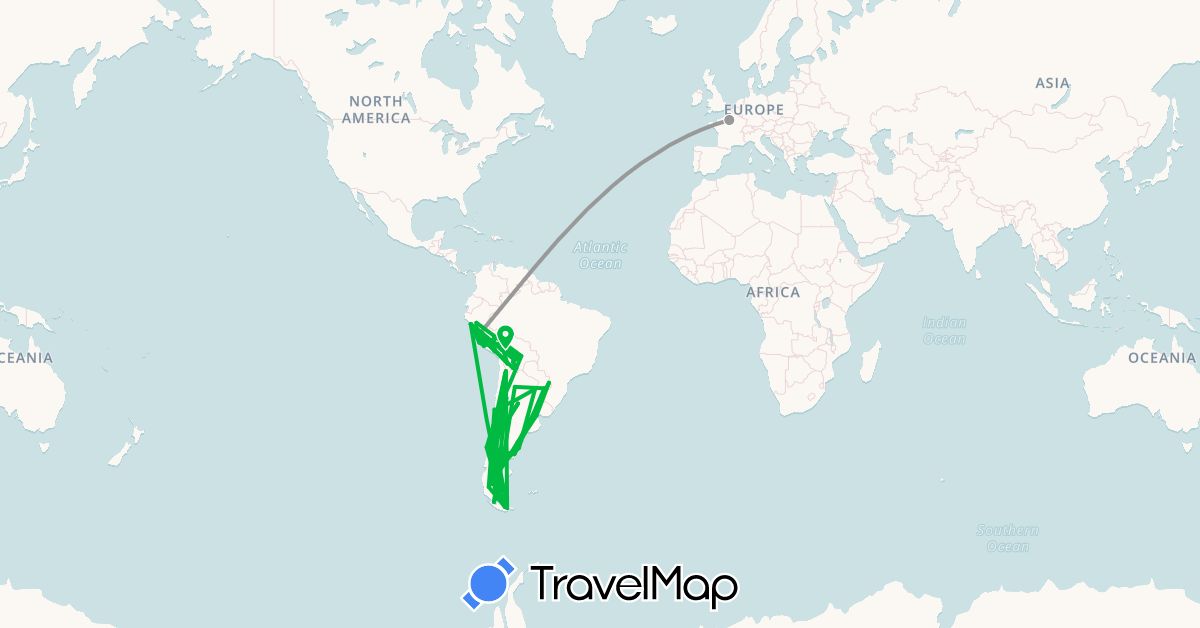 TravelMap itinerary: bus, plane in Argentina, Bolivia, Chile, France, Peru, Paraguay (Europe, South America)